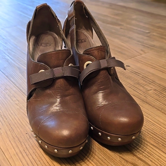 UGG Brown Celestina Platform 5" Wood Heels Sherpa Lining Sz 9.5 US/40.5EU EUC - Picture 1 of 10